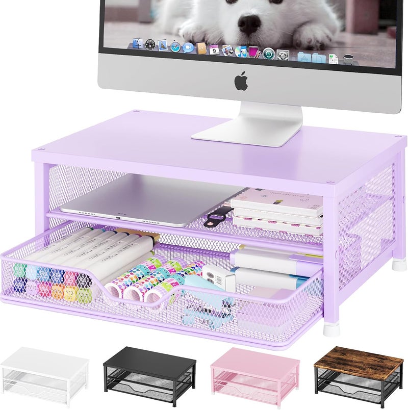OPNICE Computer Monitor Stand Riser, Desk Organizer with Drawer, Laptop Stand, Office Desk Accessories & Workspace Desktop Organizers Storage for Office Supplies(Purple) - Image 1